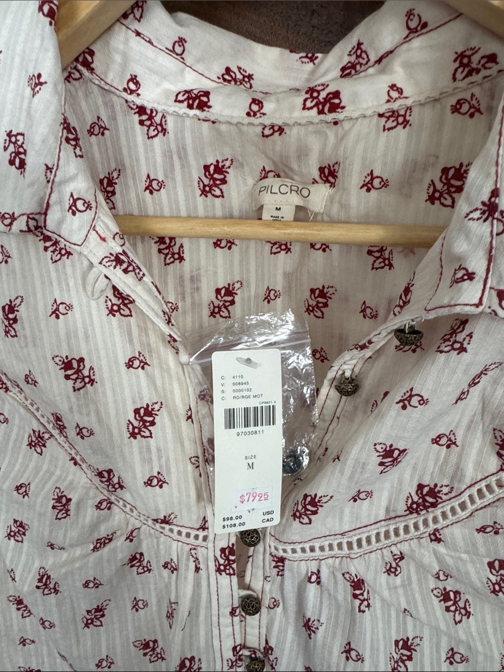 NWT Pilcro Cream Blouse with Burgundy Floral Bohemian Cotton Blouse Sz M - Picture 2 of 6